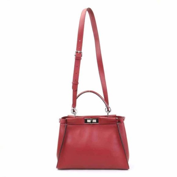 Authentic FENDI Peekaboo Handbag Shoulder Bag Dark Red Leather/Silvertone - Picture 3 of 16